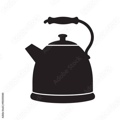 Black kettle icon with handle and spout on white background  simple kitchen utensil silhouette