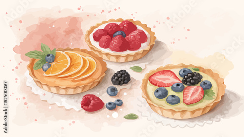 Delicious fruit tarts with fresh berries and citrus slices