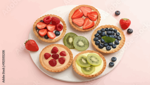 Delicious fruit tarts on a plate with fresh berries and kiwi