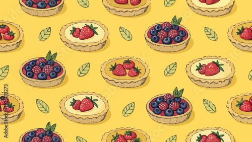 Vibrant fruit tarts pattern with berries on yellow
