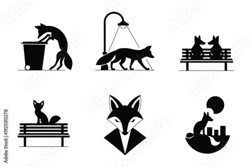 Whimsical black and white silhouettes of foxes in various playful scenarios isolated on white background, Vector, illustration