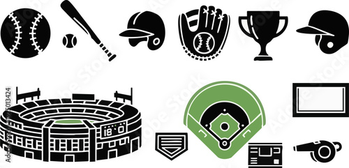 Baseball Stadium and Equipment Icon Set