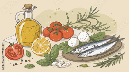 Fresh seafood with herbs and olive oil on wooden board