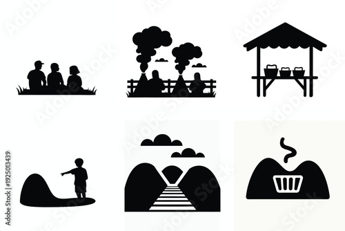 Whimsical silhouettes of everyday life and nature scenes in black and white. isolated on white background, Vector, illustration