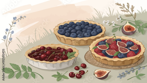 Delicious fruit tarts arranged in a lush green setting