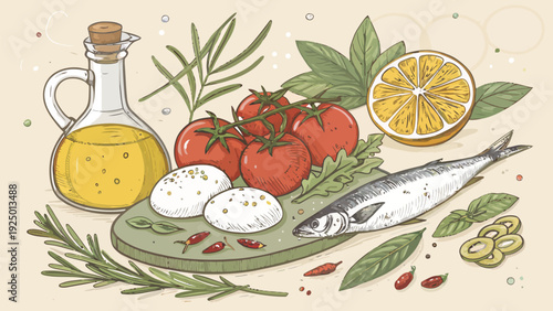Fresh ingredients for a healthy meal with fish, eggs, tomatoes, and herbs