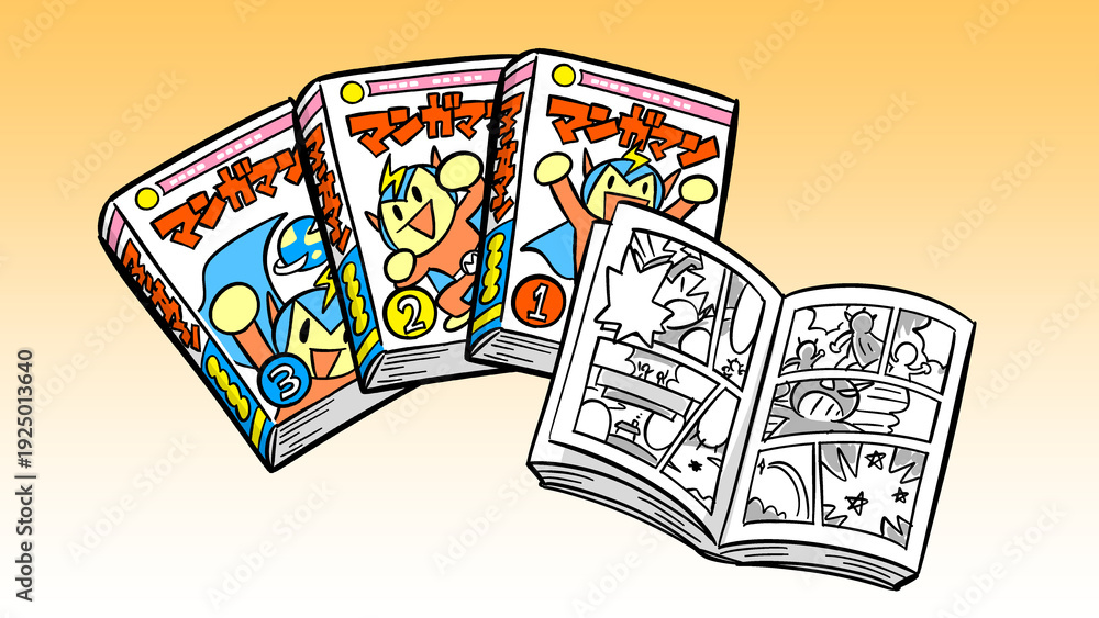 Fototapeta premium 山積みの漫画本と開かれたコミックのイラスト：読書・趣味・娯楽