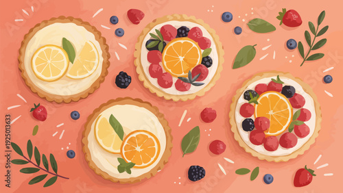 Delicious fruit tarts with mixed berries and citrus