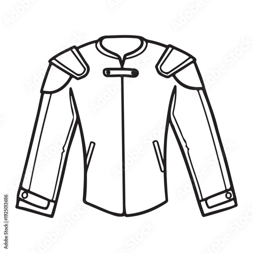 Black line drawing of a motorbike jacket with shoulder pads and zipper closure  isolated on white background
