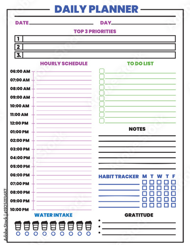 Daily Planner Template with Hourly Schedule, To‑Do List, Habit and Water Tracker