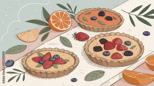 Delicious fruit tarts with fresh berries and citrus on a table