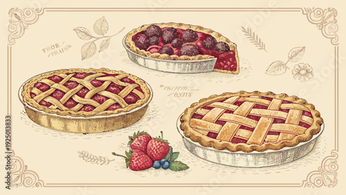 Delicious homemade pies with fresh berries and lattice crust