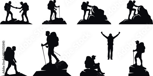 Black mountain hiker silhouette set with climbers trekking on rocks and reaching peaks for outdoor adventure travel and mountaineering designs