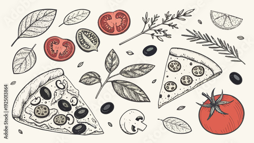 Delicious pizza slices with fresh ingredients and herbs