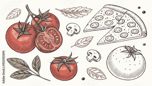 Delicious pizza ingredients including tomatoes and mushrooms