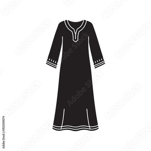 Black long sleeve dress with white trim and decorative cuffs and hem  fashion illustration