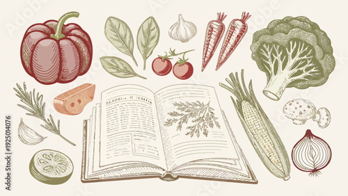 Vibrant vegetable medley surrounds open cookbook on kitchen table
