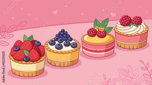 Delicious assorted fruit tarts on pink background with leaves