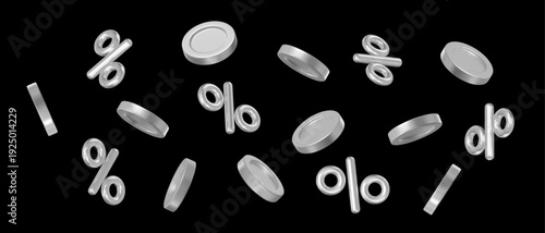 3d vector flying metal shiny coins with percent discount. For promotion, marketing and advertising in social networks. Stock vector illustration on black isolated background.	