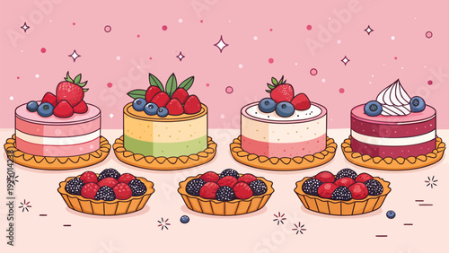 Delicious cakes and tarts with fresh berries illustration