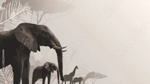 Fototapeta Elephant Family with Giraffe and Other Wildlife in African Landscape