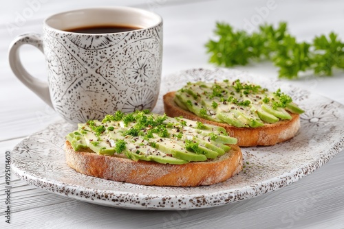 Avocado toast with chives, a mug of coffee, and sprigs of parsley on a decorative plate