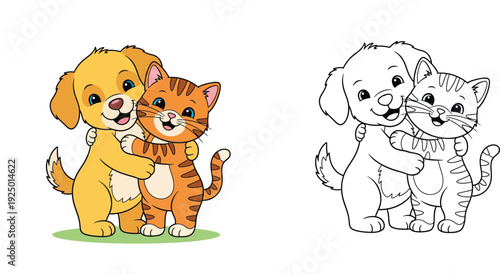 Cute Cartoon Puppy and Kitten Hugging Best Friends, Set of Colored and Black and White Line Art Illustration for Kids Coloring Book Activities