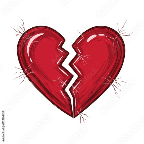 A broken red heart with cracks.