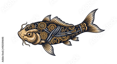 An intricately designed fish illustration showcasing ornate patterns and details in a profile view