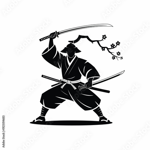 A dynamic black and white illustration of a samurai warrior in action with dual swords. isolated on white background, Vector, illustration