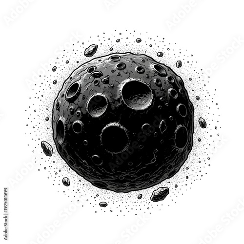 Black and white illustration of a cratered moon.