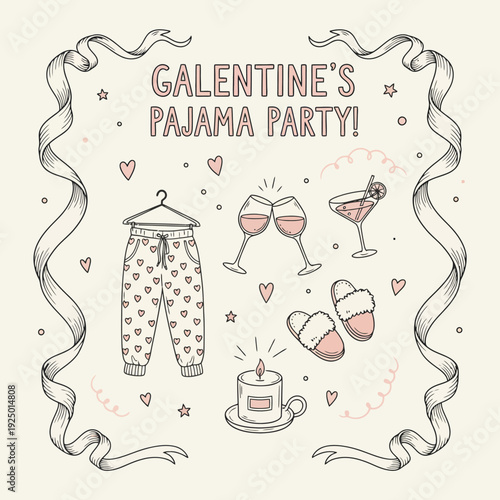 Galentine's day pajama party illustration with wine socks and coffee
