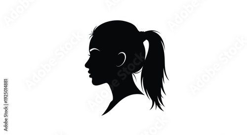 Elegant black and white vector graphic silhouette illustration of a young woman's profile featuring a sleek high ponytail hairstyle design element