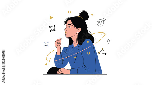 Thoughtful young woman holding a coffee mug and looking aside, with abstract shapes and icons representing her creative ideas and thoughts.