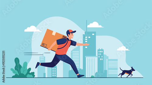 A fast courier is running with a large parcel through a city landscape with a dog, representing express delivery service.