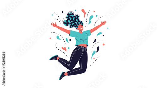 A joyful young woman with colorful hair is jumping for joy with arms outstretched, expressing happiness, success, and freedom.