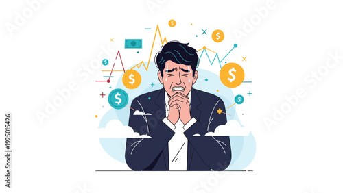 A stressed businessman cries and prays amidst fluctuating financial charts and dollar signs, depicting a stock market crash.