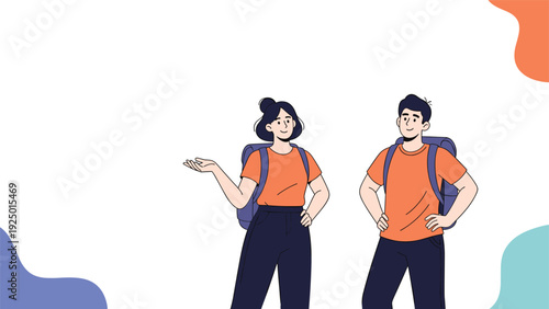 A young man and woman with backpacks stand together, with the woman gesturing towards a blank space for presentation.