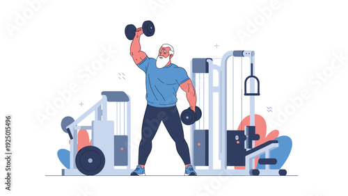 A strong elderly man with a white beard stays active and healthy by lifting heavy dumbbells in a modern fitness gym.