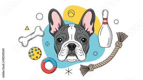 An adorable French Bulldog portrait surrounded by a collection of fun dog toys including a bone, ball, and rope tug.