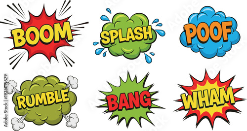 Colorful comic sound effect speech bubbles set featuring boom splash poof bang wham rumble words in flat vector pop art style
