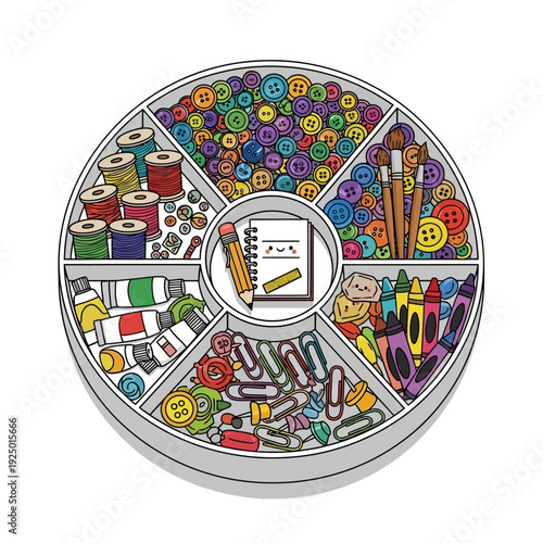 Colorful illustration of art and craft supplies.