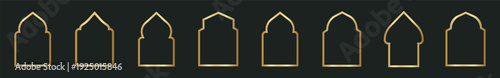 Line art Set of gold ornament arab windows and door. Islamic door set, flat arabic frames or arabian arches silhouette icon, Islamic arabesque pattern.