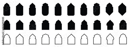 Islamic shape frame, arab ornament arch. Ramadan traditional door, arabesque ornament, islamic window.Vector mosque gate shape isolated on background. Islamic border frame vector set.