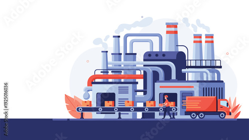 An industrial factory with a conveyor belt system, a worker managing production, and a truck being loaded for distribution.