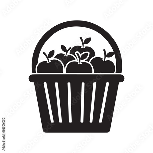 Black silhouette of a basket filled with apples on white background