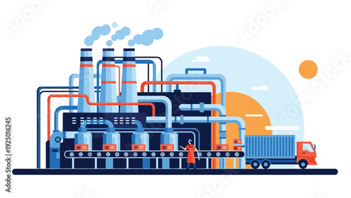 A manufacturing plant is operating with a worker overseeing the conveyor belt as boxes are loaded onto a truck for shipping.