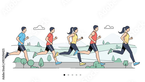 A diverse group of men and women are jogging in a line through a scenic park, illustrating a community running event or marathon.