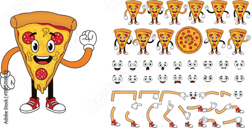 Funny pepperoni pizza slice cartoon character mascot set, fast food restaurant emoji icons collection, creative animation kit, cad drawing flat vector illustration.