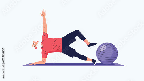 A senior man wearing a face mask for safety while performing an advanced side plank exercise with a fitness ball on a mat.